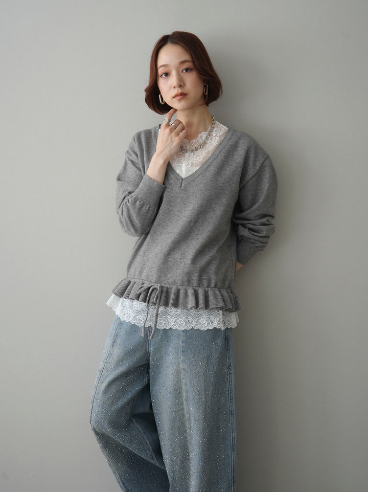 [予約]レーストップ＆フリルニットアンサンブル/gray