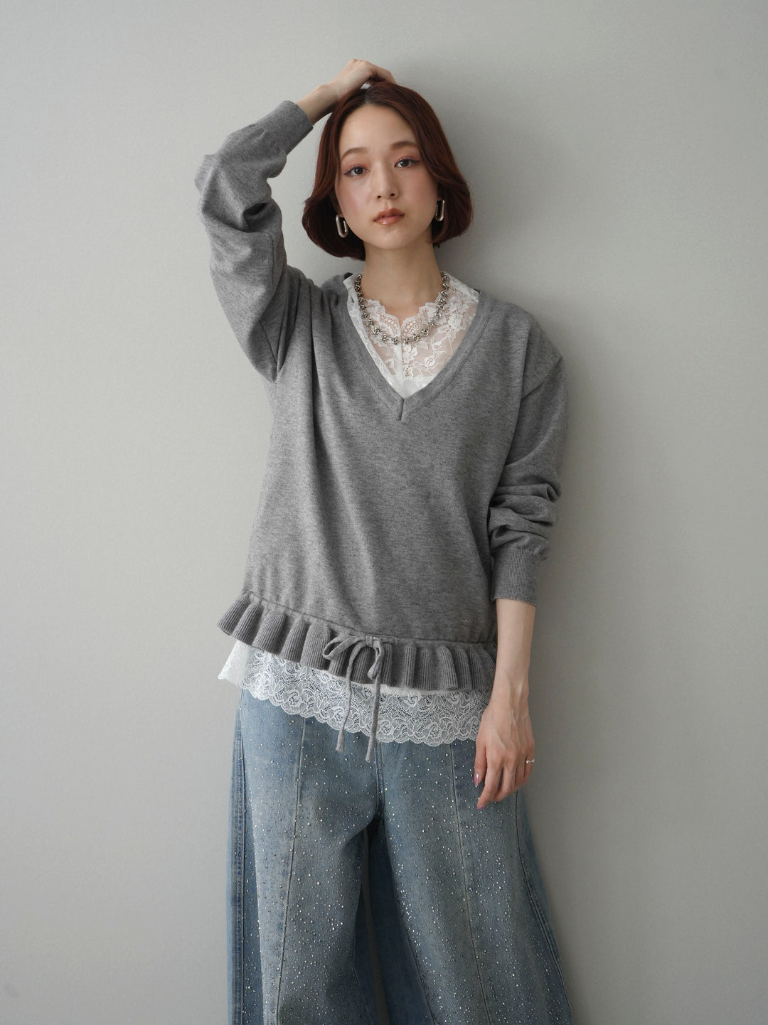 [SET]レーストップ＆フリルニットアンサンブル+フロントビジューカーブデニムパンツ(2set)