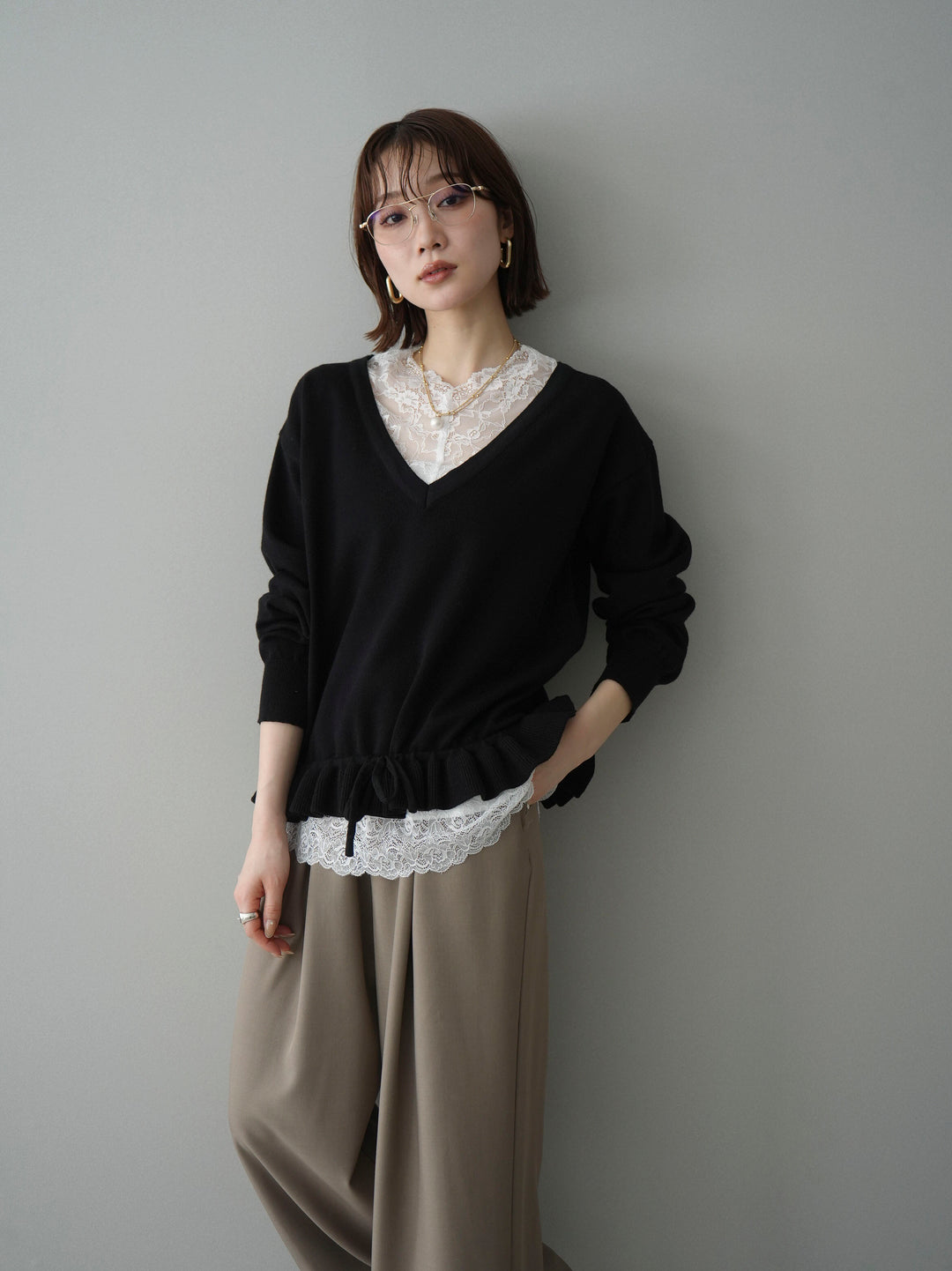 [SET]レーストップ＆フリルニットアンサンブル+ベルト付キーホルダーモチーフワイドパンツ(2set)