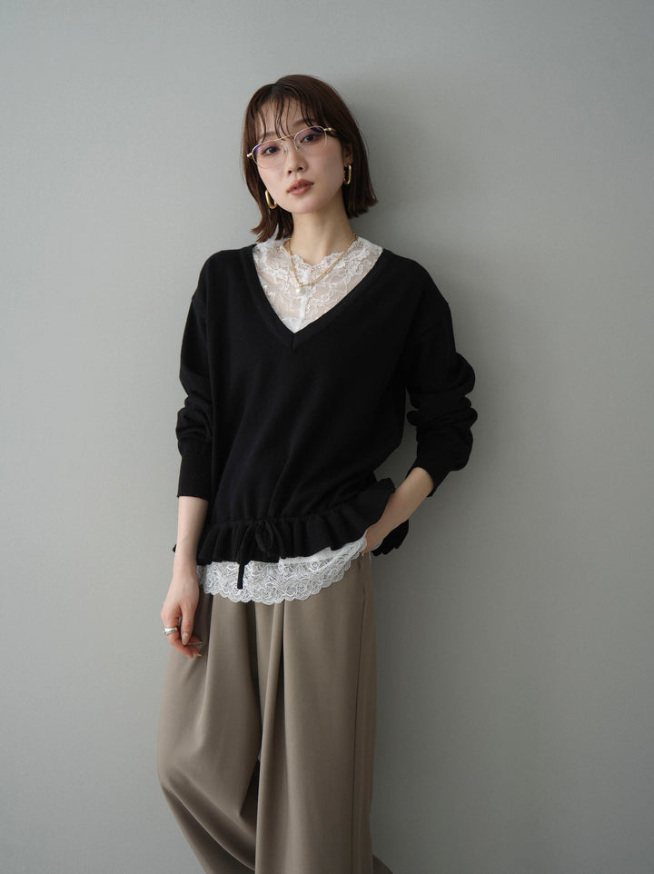 [SET]レーストップ＆フリルニットアンサンブル+ベルト付キーホルダーモチーフワイドパンツ(2set)