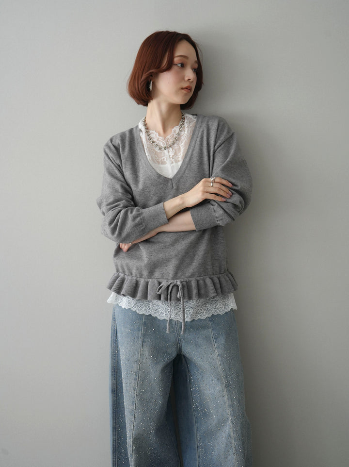 [SET]レーストップ＆フリルニットアンサンブル+フロントビジューカーブデニムパンツ(2set)