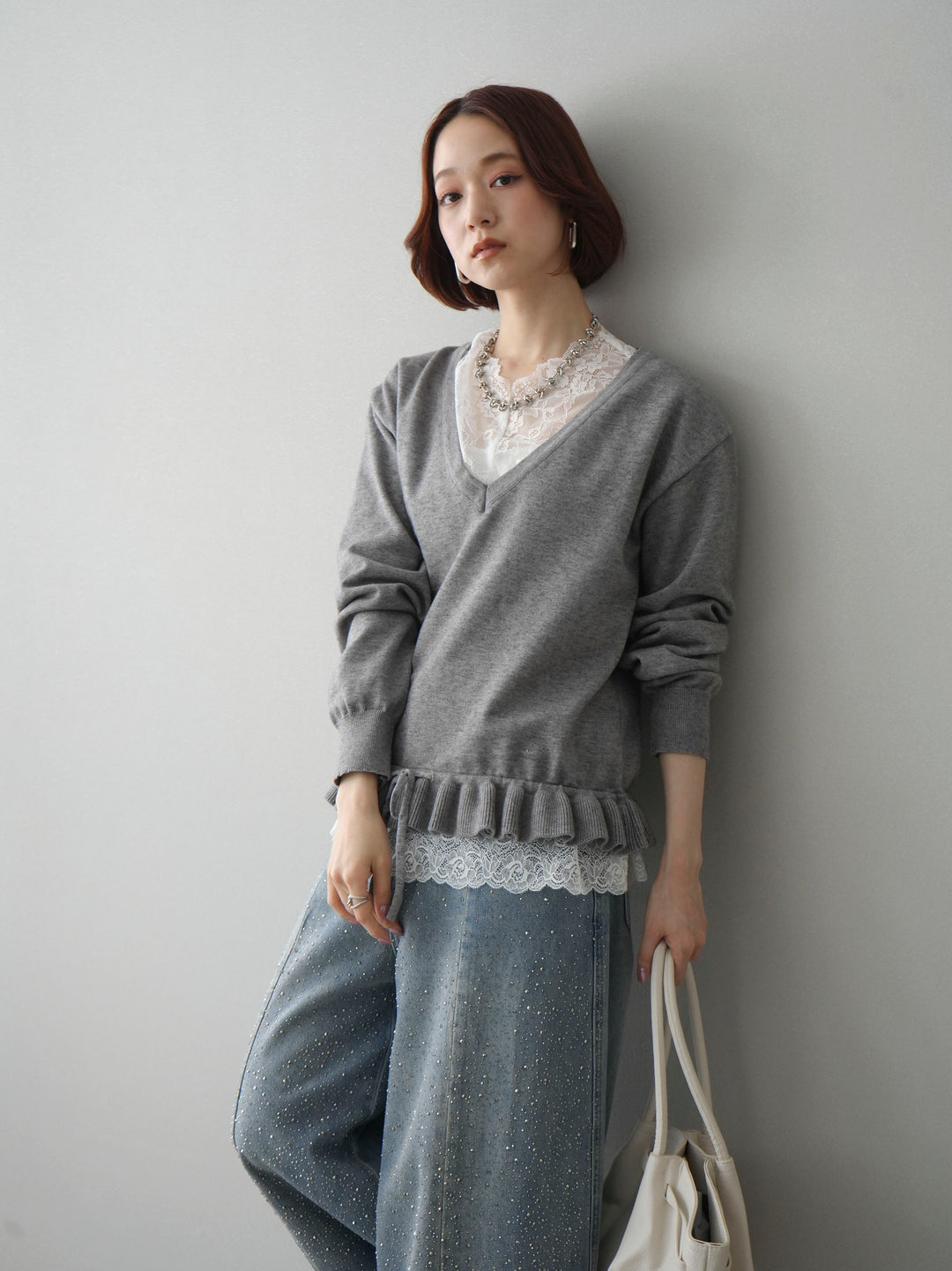 [SET]レーストップ＆フリルニットアンサンブル+フロントビジューカーブデニムパンツ(2set)