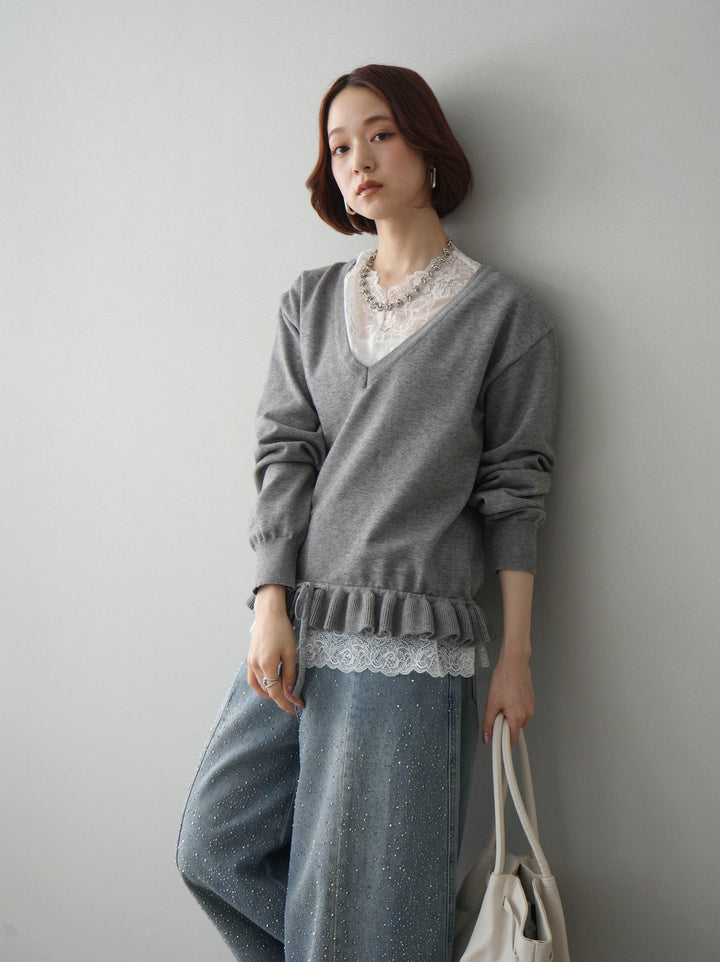 [予約]レーストップ＆フリルニットアンサンブル/gray