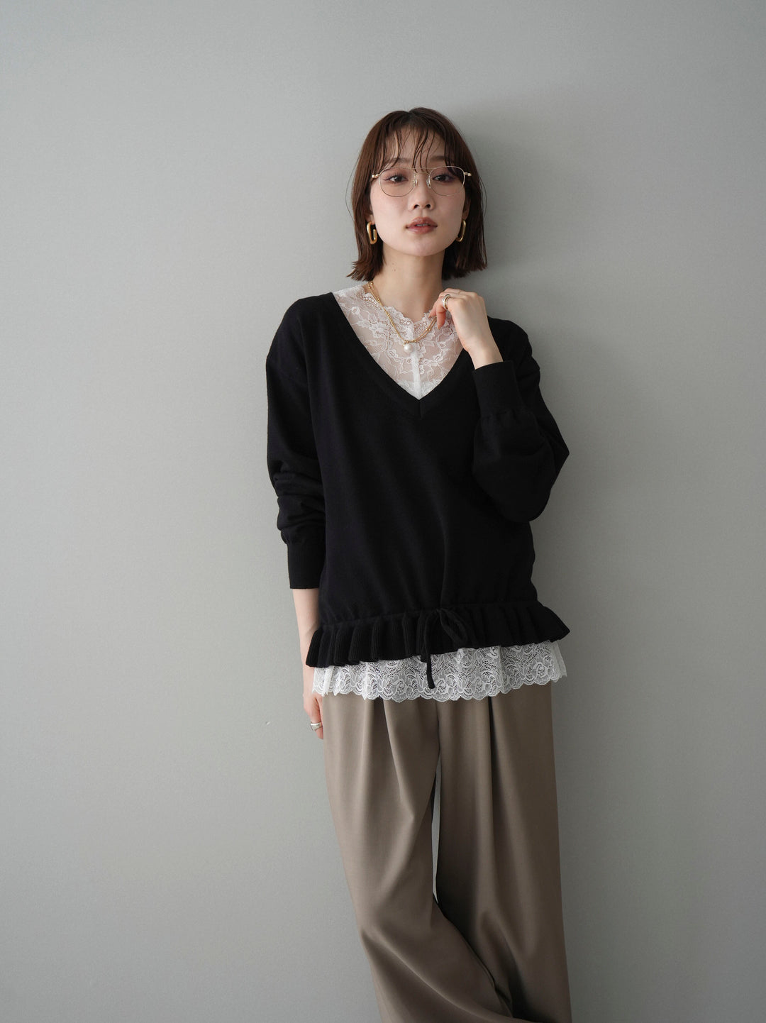 [SET]レーストップ＆フリルニットアンサンブル+ベルト付キーホルダーモチーフワイドパンツ(2set)