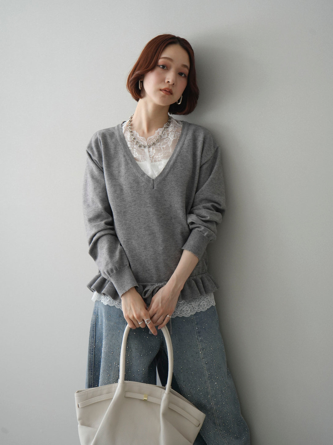 [SET]レーストップ＆フリルニットアンサンブル+フロントビジューカーブデニムパンツ(2set)