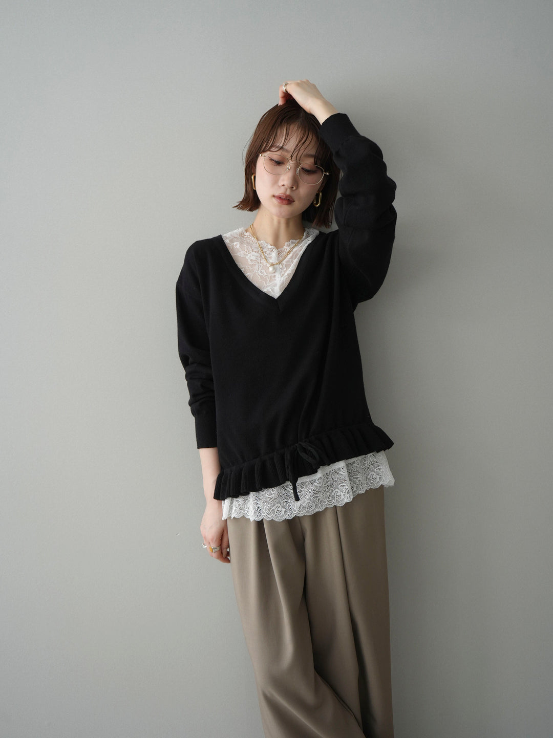 [SET]レーストップ＆フリルニットアンサンブル+ベルト付キーホルダーモチーフワイドパンツ(2set)