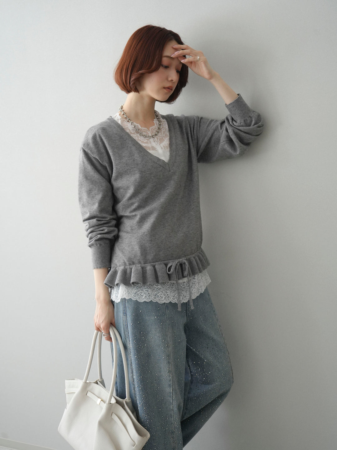 [SET]レーストップ＆フリルニットアンサンブル+フロントビジューカーブデニムパンツ(2set)