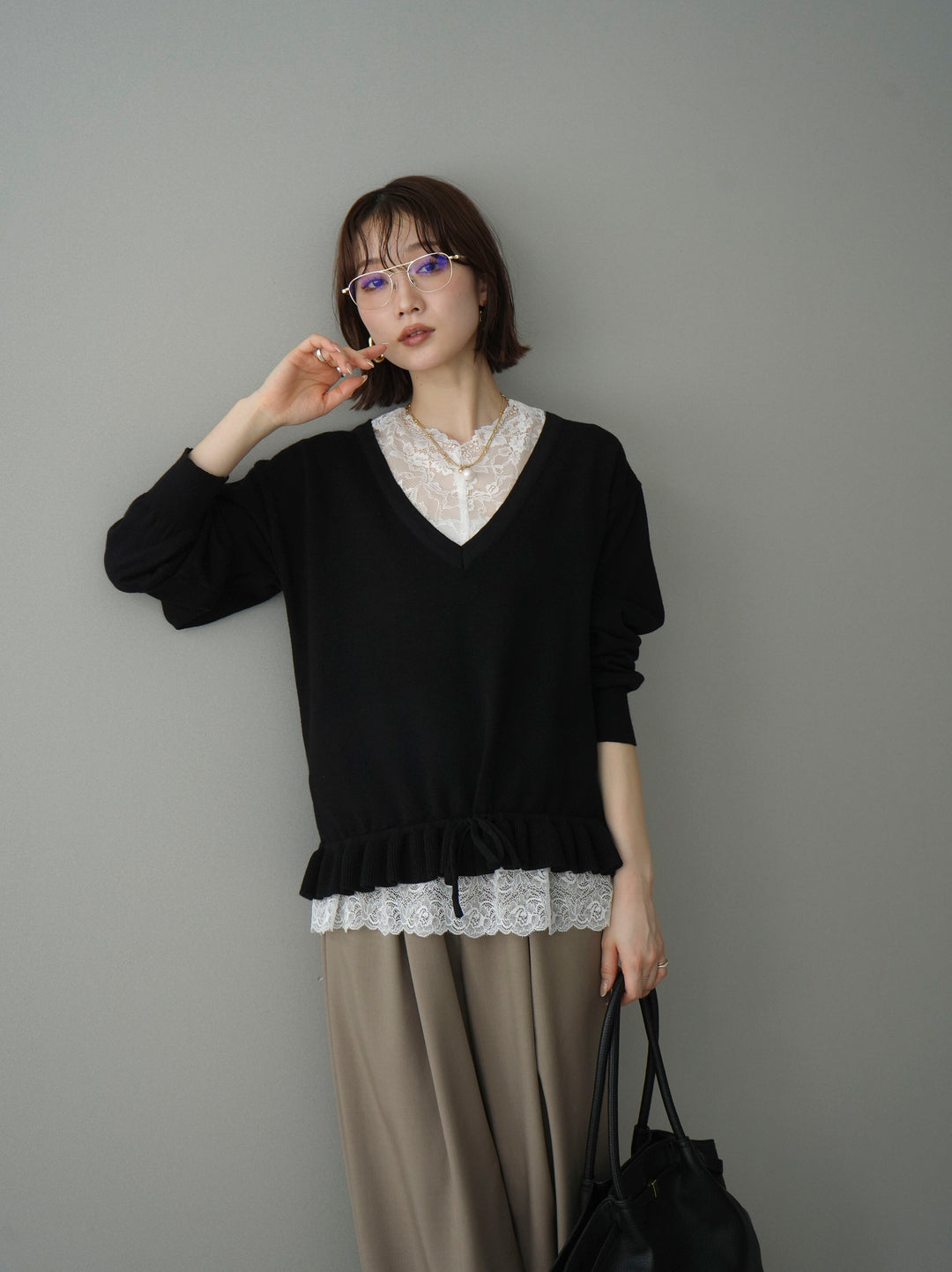 [SET]レーストップ＆フリルニットアンサンブル+ベルト付キーホルダーモチーフワイドパンツ(2set)