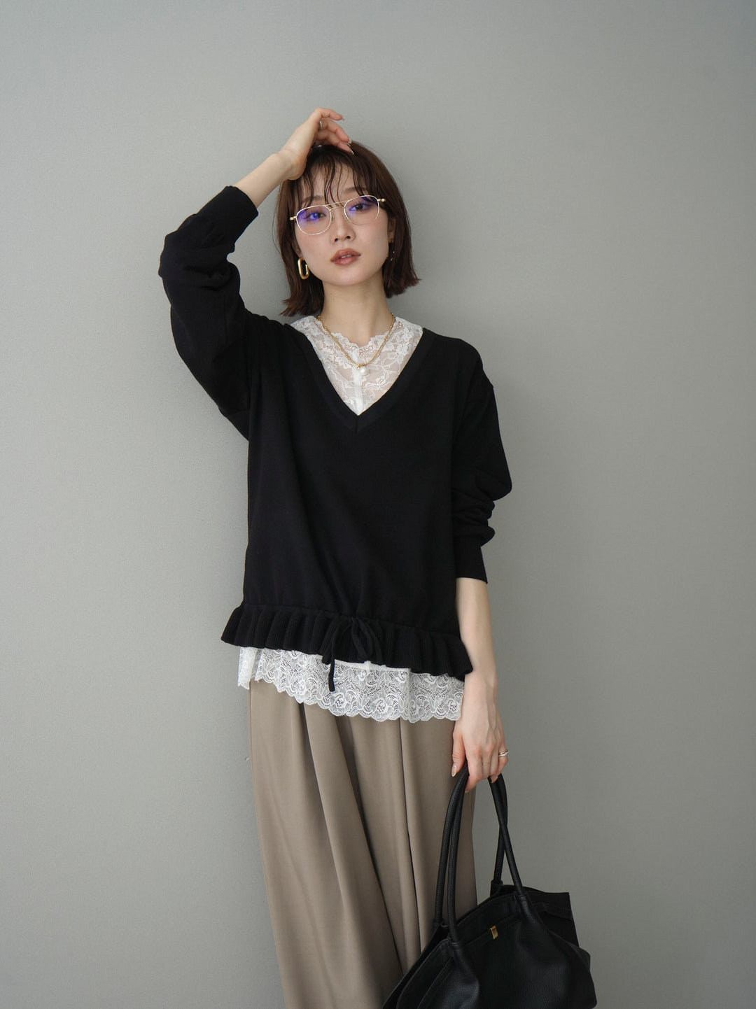 [SET]レーストップ＆フリルニットアンサンブル+選べるアクセセット(2set)