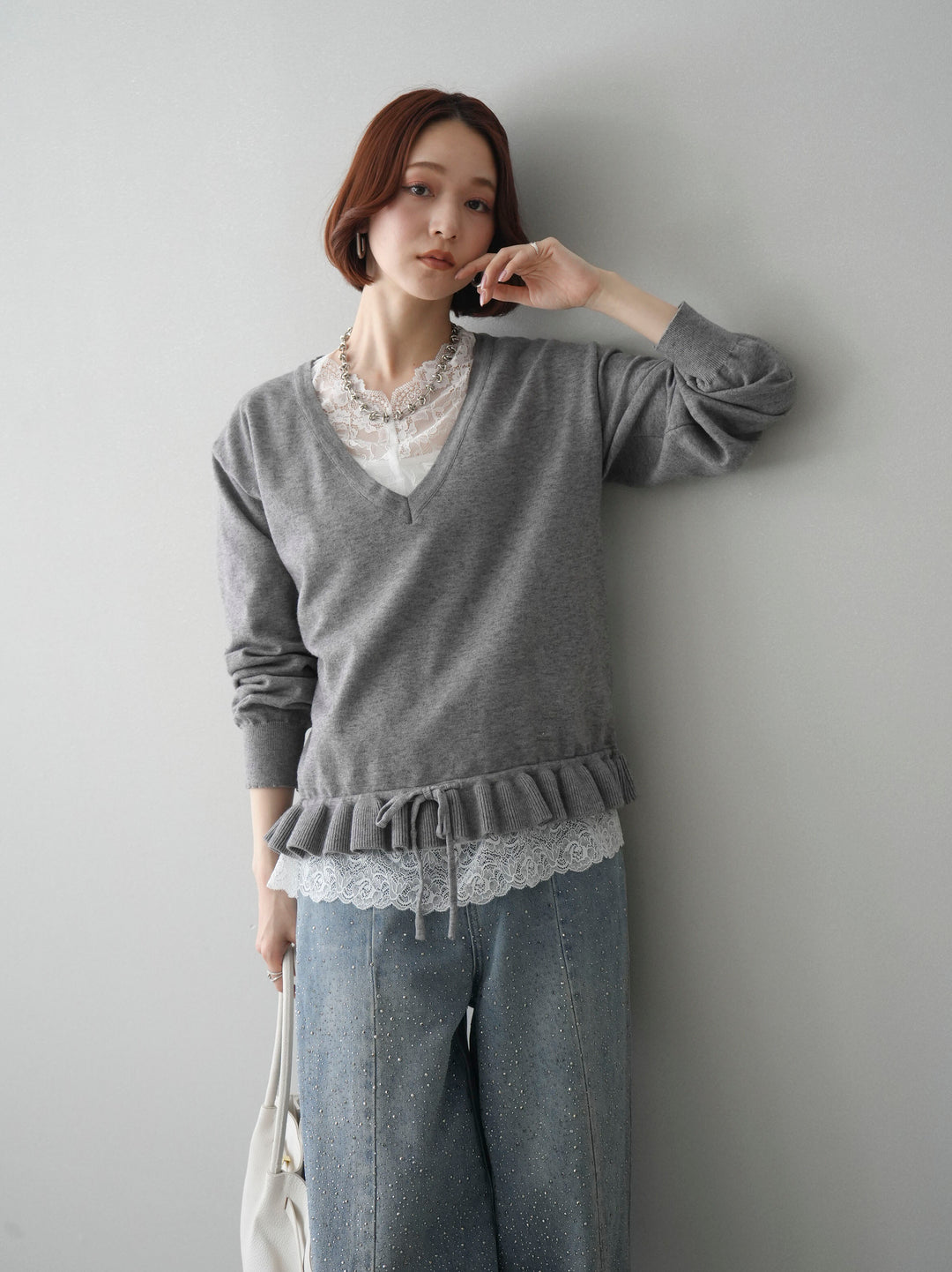 [予約]レーストップ＆フリルニットアンサンブル/gray
