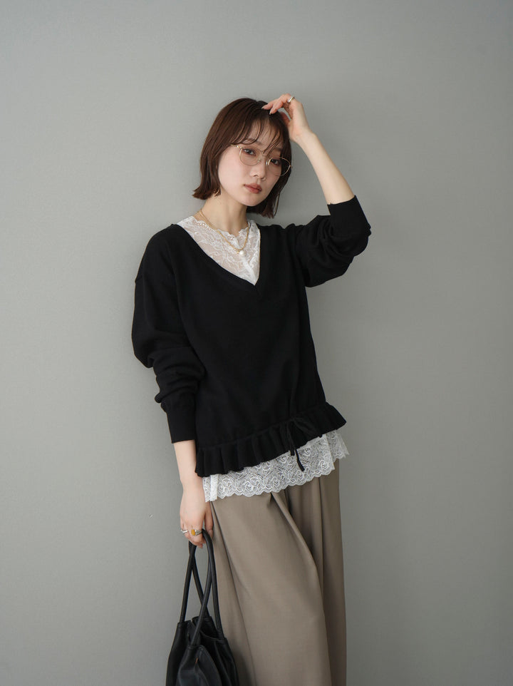 [SET]レーストップ＆フリルニットアンサンブル+ベルト付キーホルダーモチーフワイドパンツ(2set)