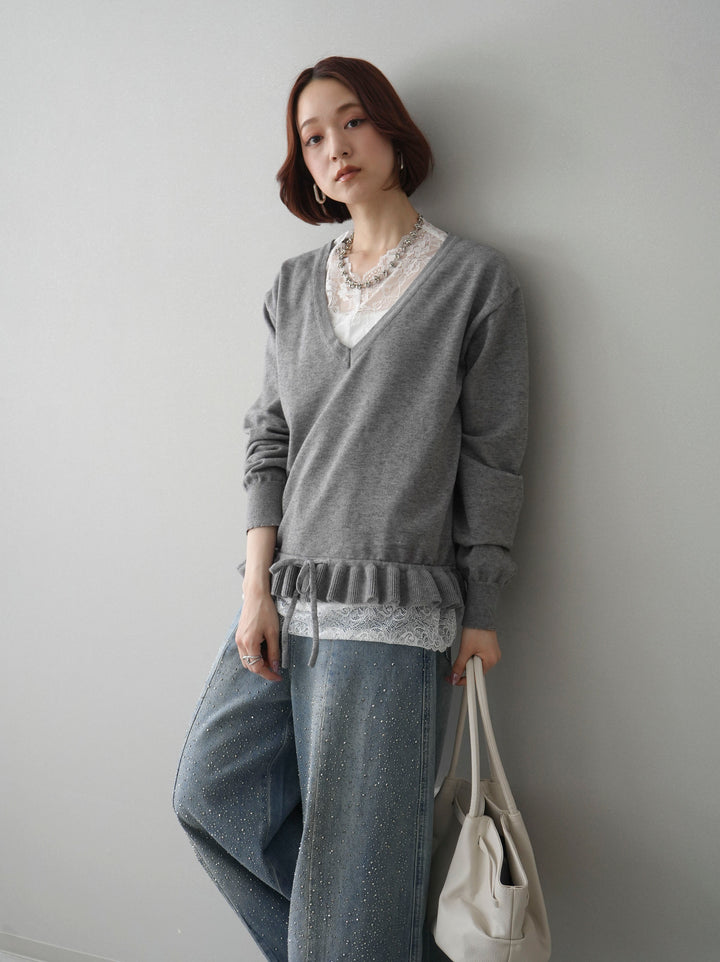 [SET]レーストップ＆フリルニットアンサンブル+フロントビジューカーブデニムパンツ(2set)