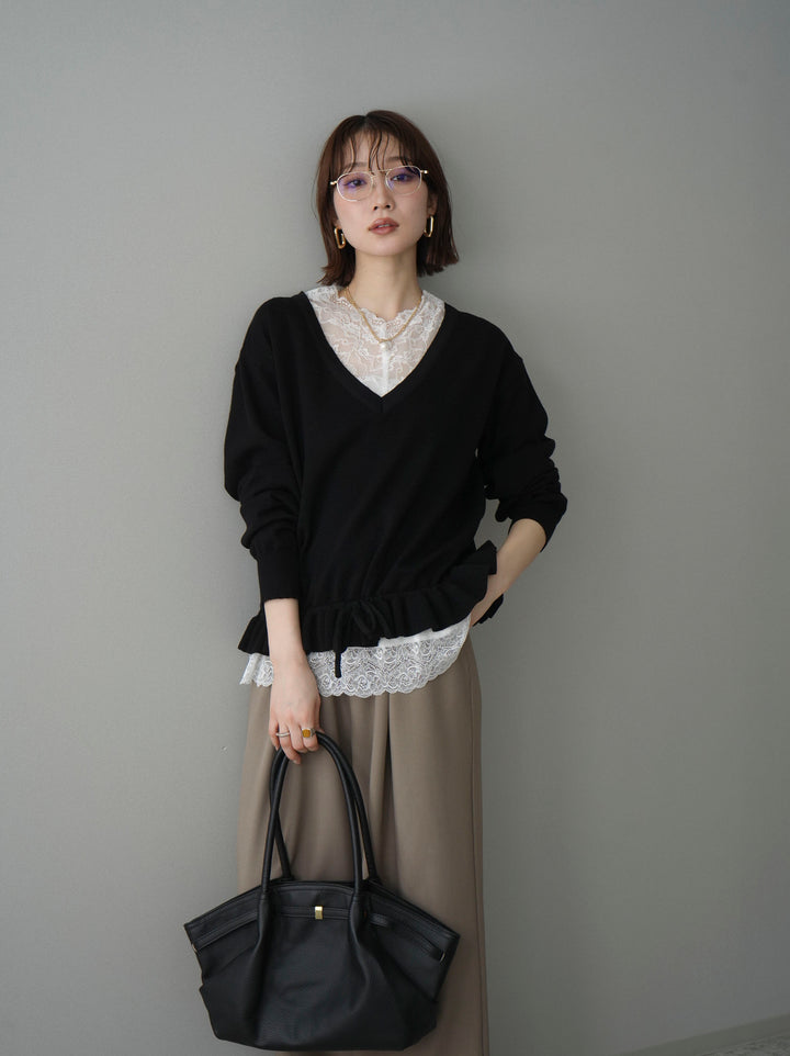 [SET]レーストップ＆フリルニットアンサンブル+ベルト付キーホルダーモチーフワイドパンツ(2set)