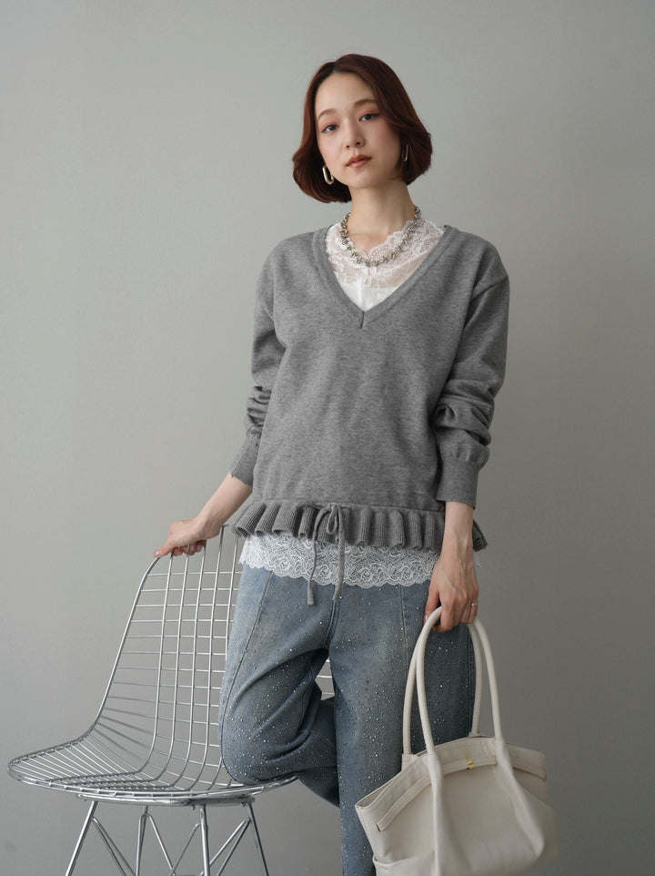 [予約]レーストップ＆フリルニットアンサンブル/gray