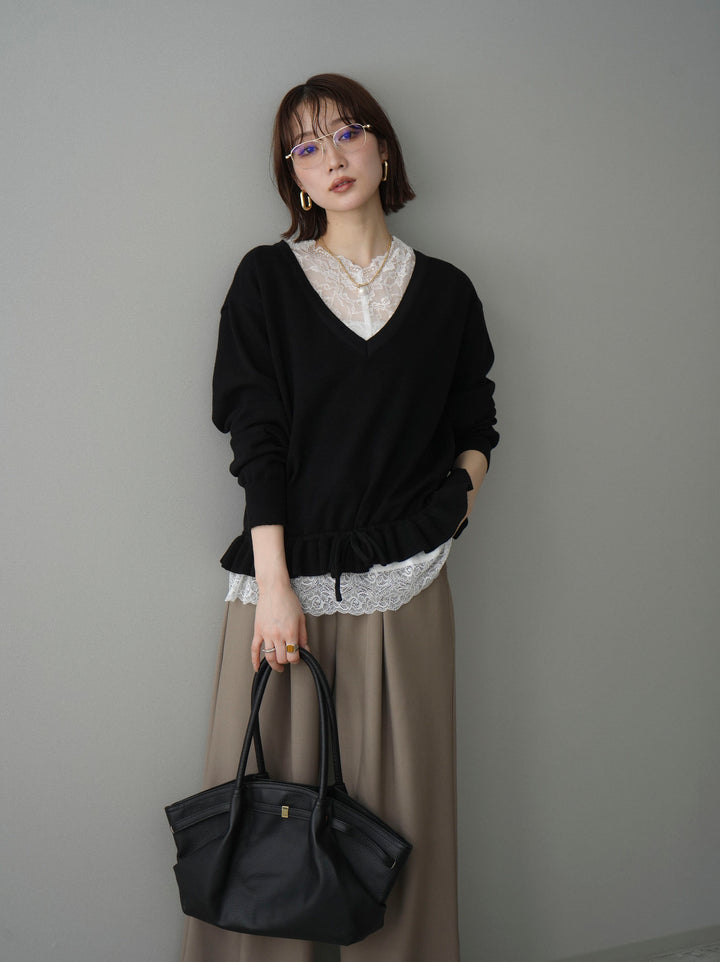 [SET]レーストップ＆フリルニットアンサンブル+ベルト付キーホルダーモチーフワイドパンツ(2set)