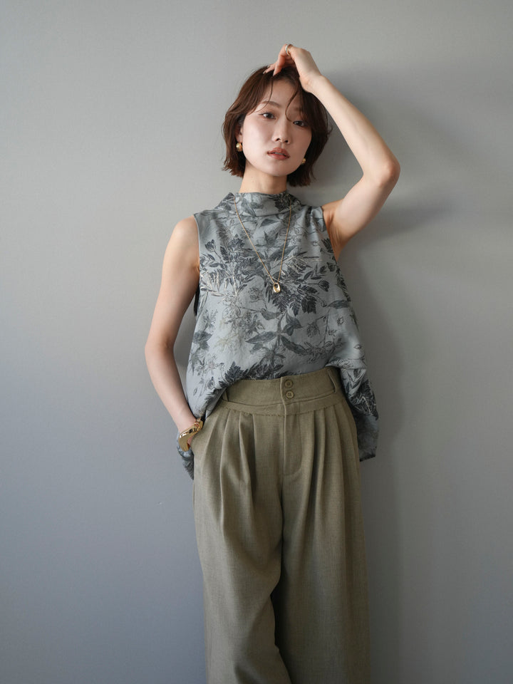 [予約]ボタニカルプリントノースリーブブラウス/green