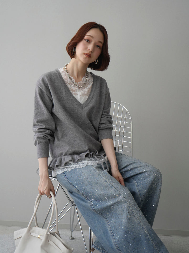 [SET]レーストップ＆フリルニットアンサンブル+フロントビジューカーブデニムパンツ(2set)