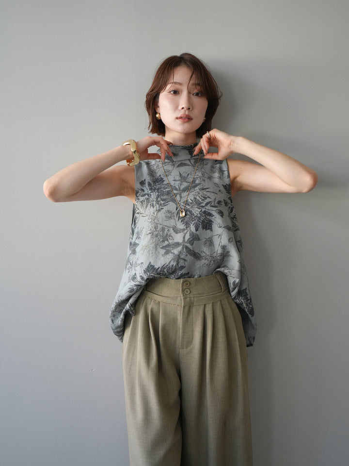 [予約]ボタニカルプリントノースリーブブラウス/green