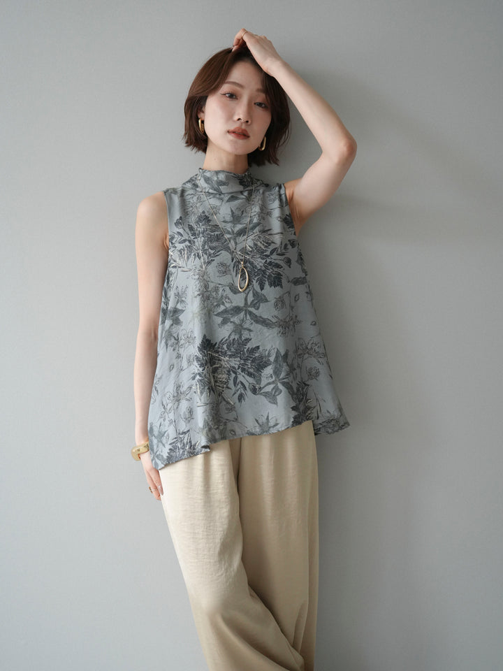 [予約]ボタニカルプリントノースリーブブラウス/green