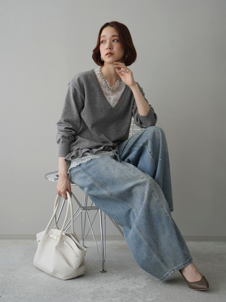 [SET]レーストップ＆フリルニットアンサンブル+フロントビジューカーブデニムパンツ(2set)