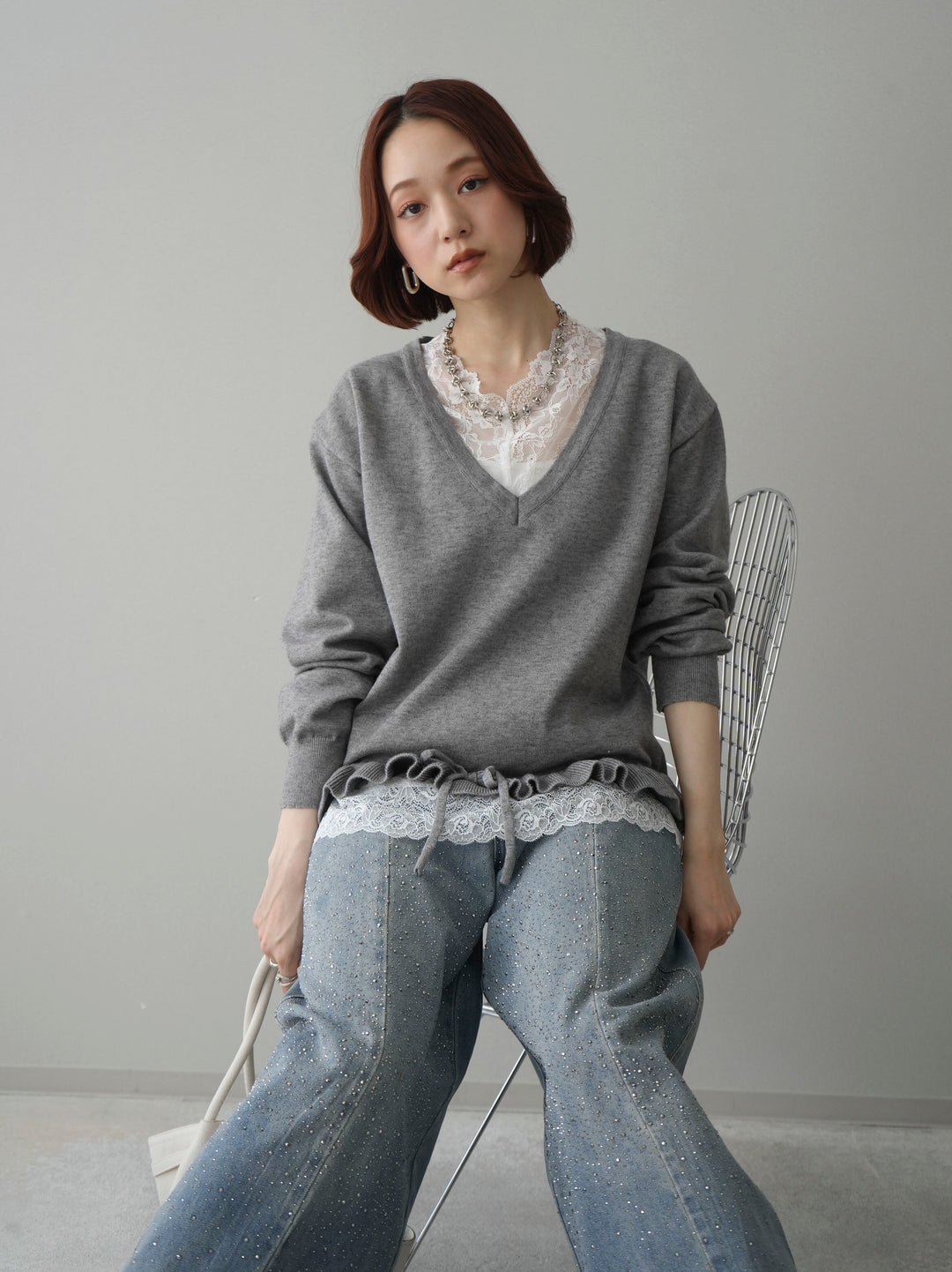 [SET]レーストップ＆フリルニットアンサンブル+フロントビジューカーブデニムパンツ(2set)