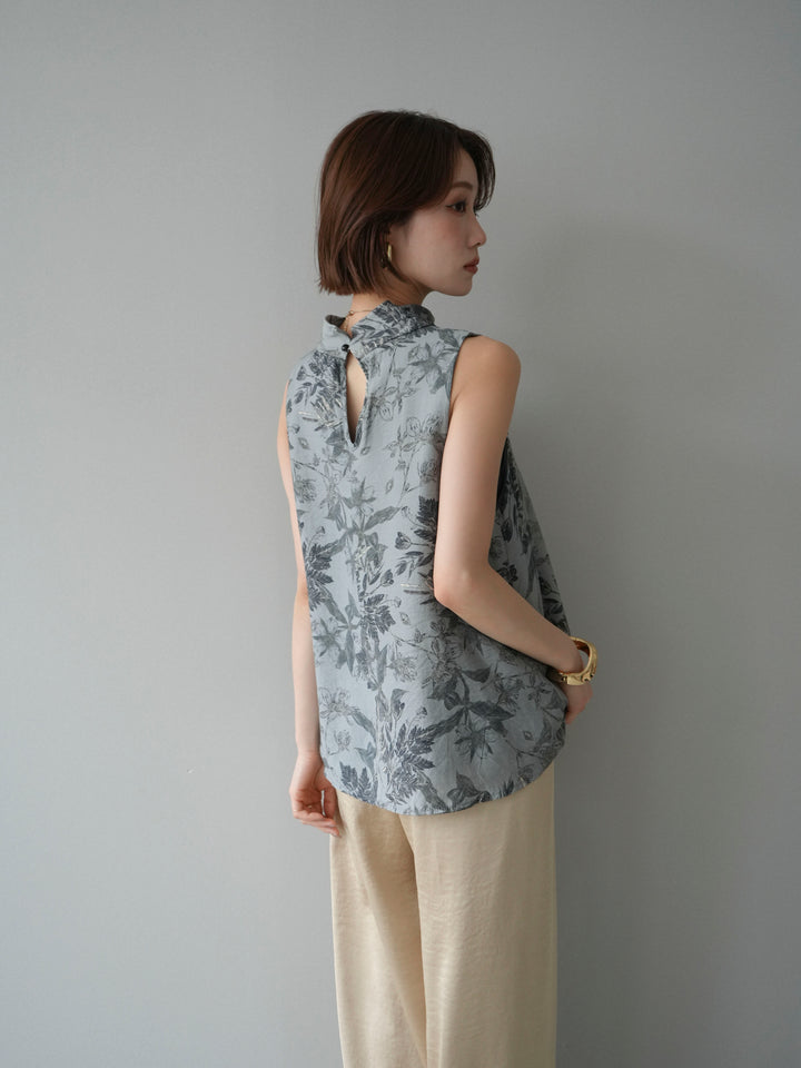 [予約]ボタニカルプリントノースリーブブラウス/green