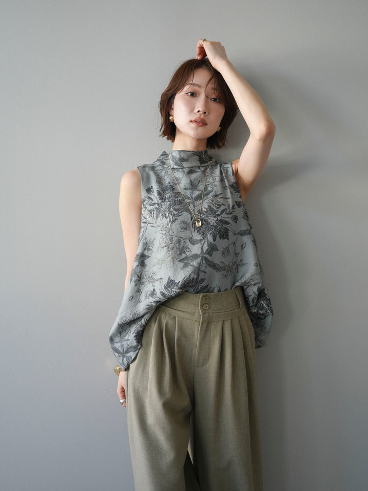 [予約]ボタニカルプリントノースリーブブラウス/green