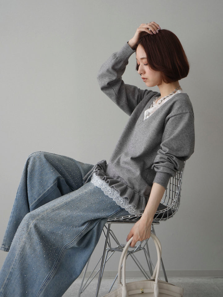 [SET]レーストップ＆フリルニットアンサンブル+フロントビジューカーブデニムパンツ(2set)