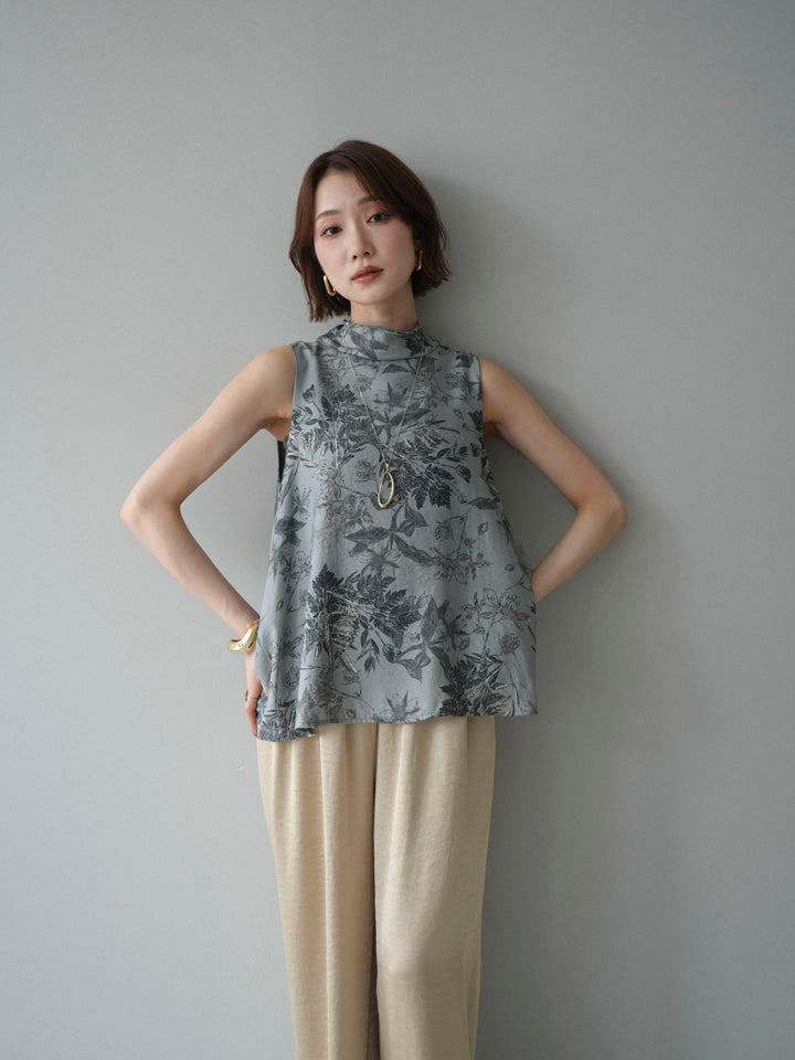 [予約]ボタニカルプリントノースリーブブラウス/green