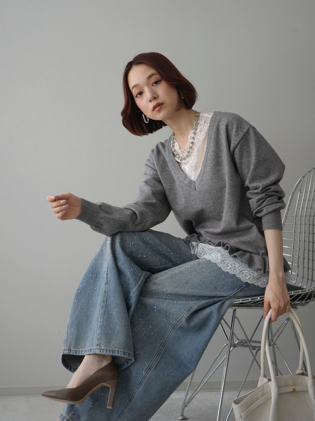 [予約]レーストップ＆フリルニットアンサンブル/gray