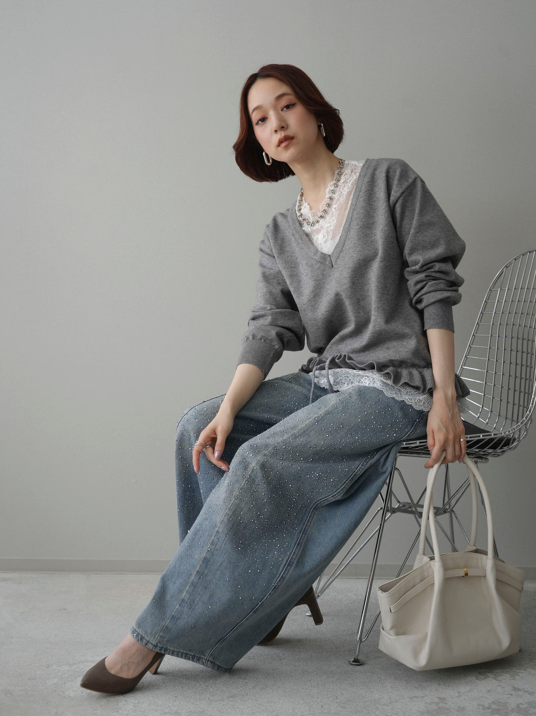 [SET]レーストップ＆フリルニットアンサンブル+フロントビジューカーブデニムパンツ(2set)