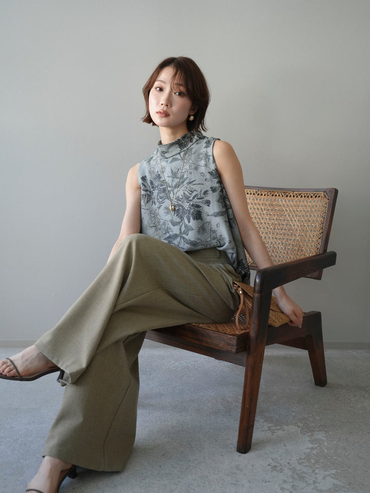 [予約]ボタニカルプリントノースリーブブラウス/green