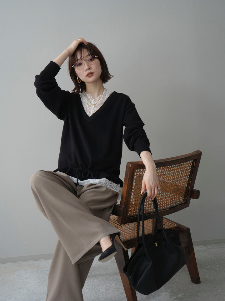 [SET]レーストップ＆フリルニットアンサンブル+ベルト付キーホルダーモチーフワイドパンツ(2set)