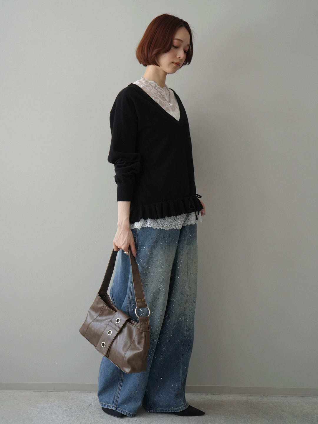 [SET]レーストップ＆フリルニットアンサンブル+フロントビジューカーブデニムパンツ(2set)