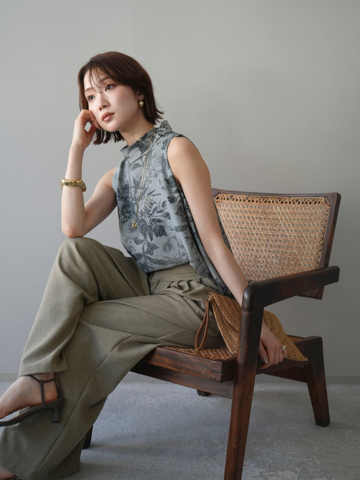 [予約]ボタニカルプリントノースリーブブラウス/green