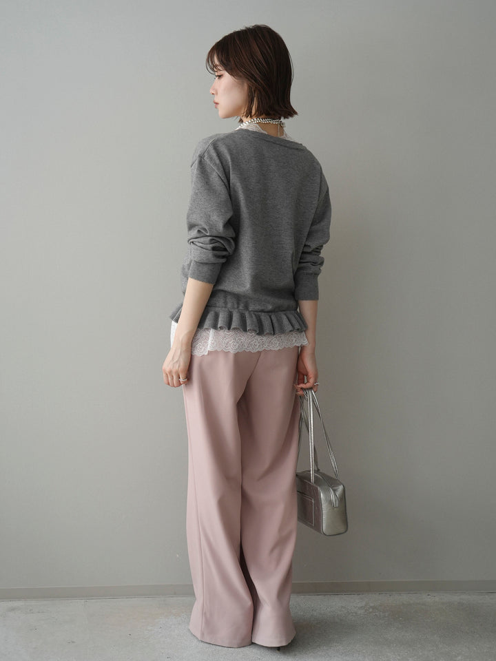[SET]レーストップ＆フリルニットアンサンブル+ベルト付キーホルダーモチーフワイドパンツ(2set)
