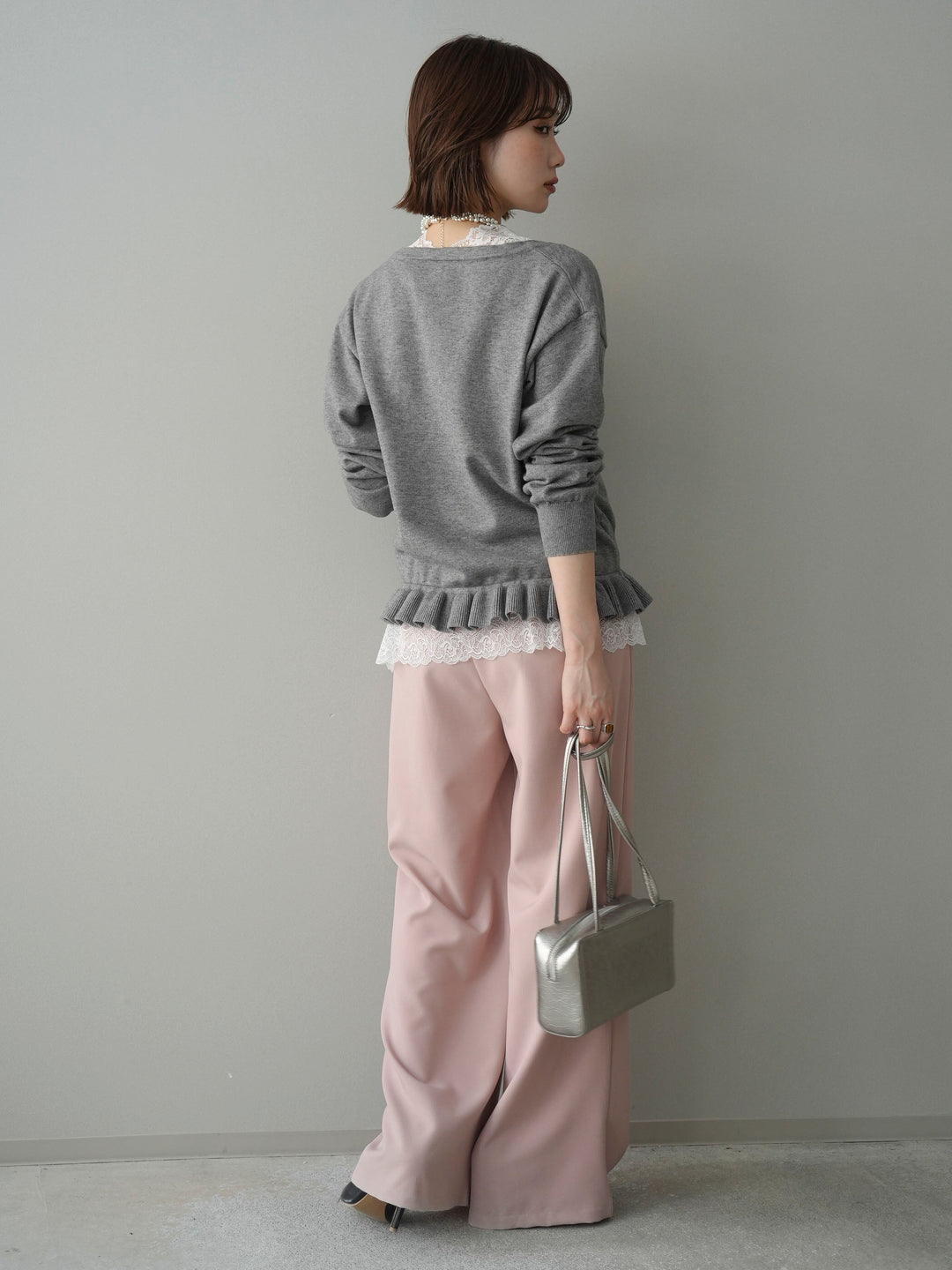 [SET]レーストップ＆フリルニットアンサンブル+ベルト付キーホルダーモチーフワイドパンツ(2set)