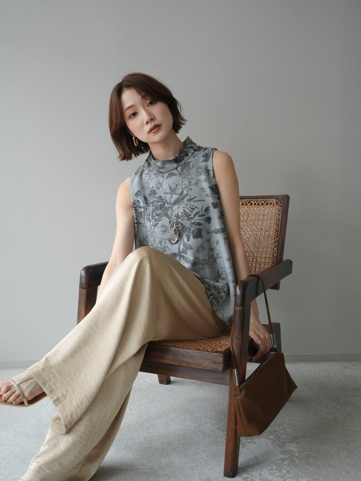 [予約]ボタニカルプリントノースリーブブラウス/green