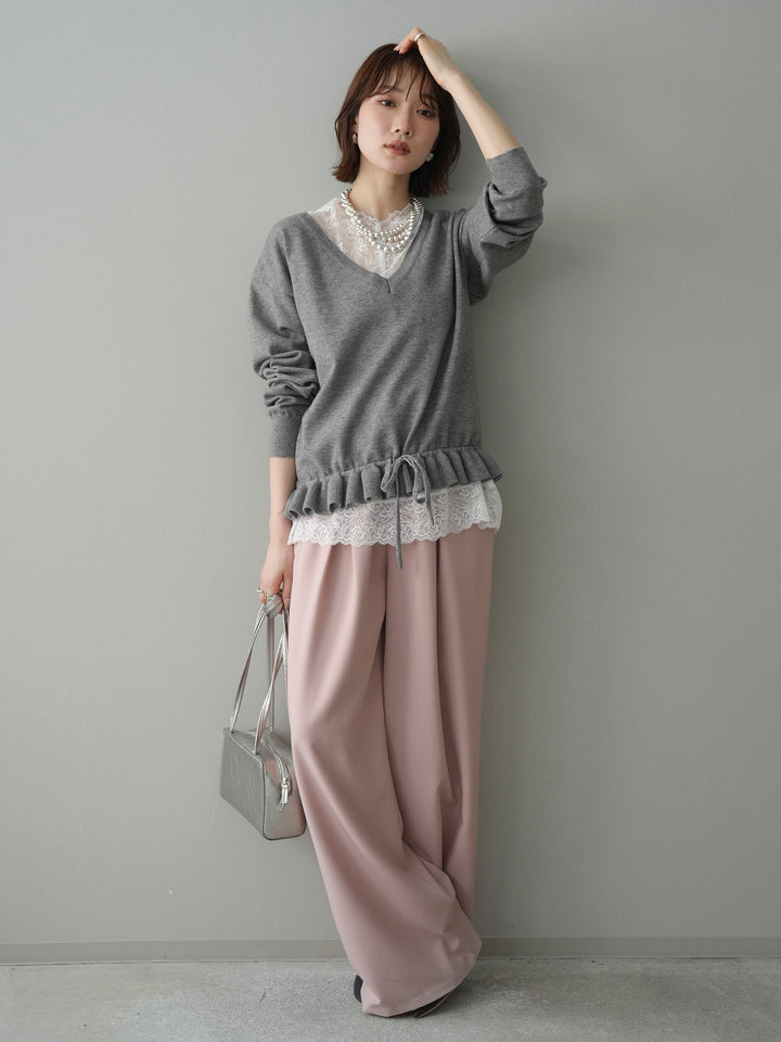 [SET]レーストップ＆フリルニットアンサンブル+ベルト付キーホルダーモチーフワイドパンツ(2set)
