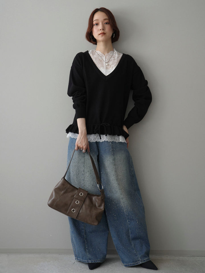 [SET]レーストップ＆フリルニットアンサンブル+フロントビジューカーブデニムパンツ(2set)