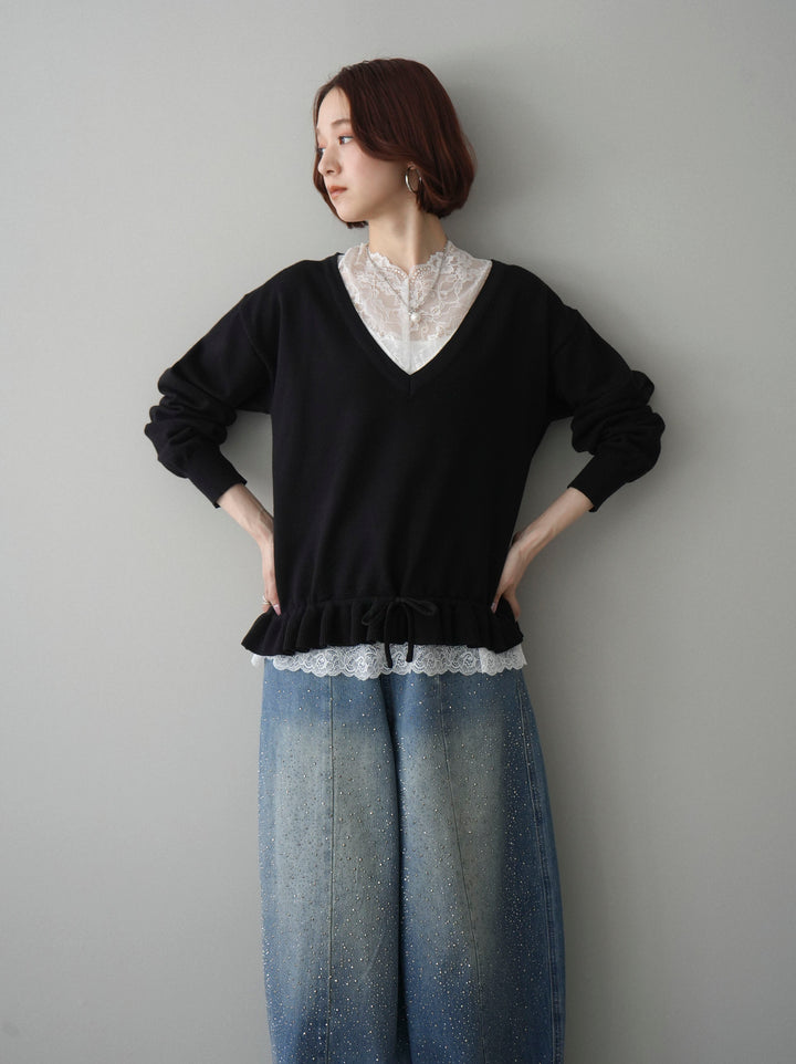 [SET]レーストップ＆フリルニットアンサンブル+フロントビジューカーブデニムパンツ(2set)