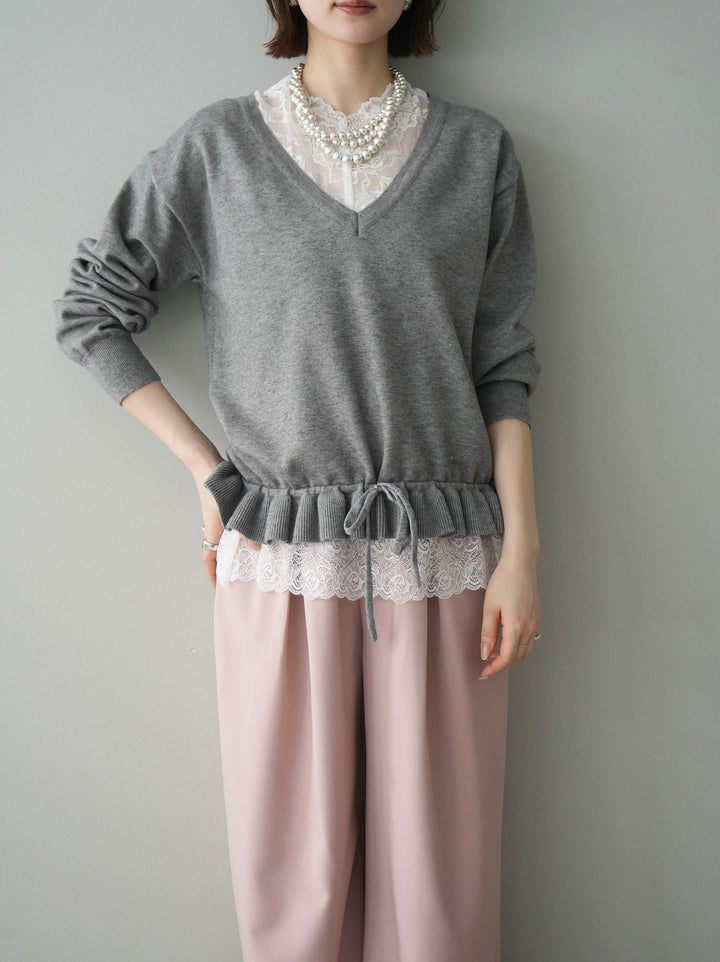 [予約]レーストップ＆フリルニットアンサンブル/gray