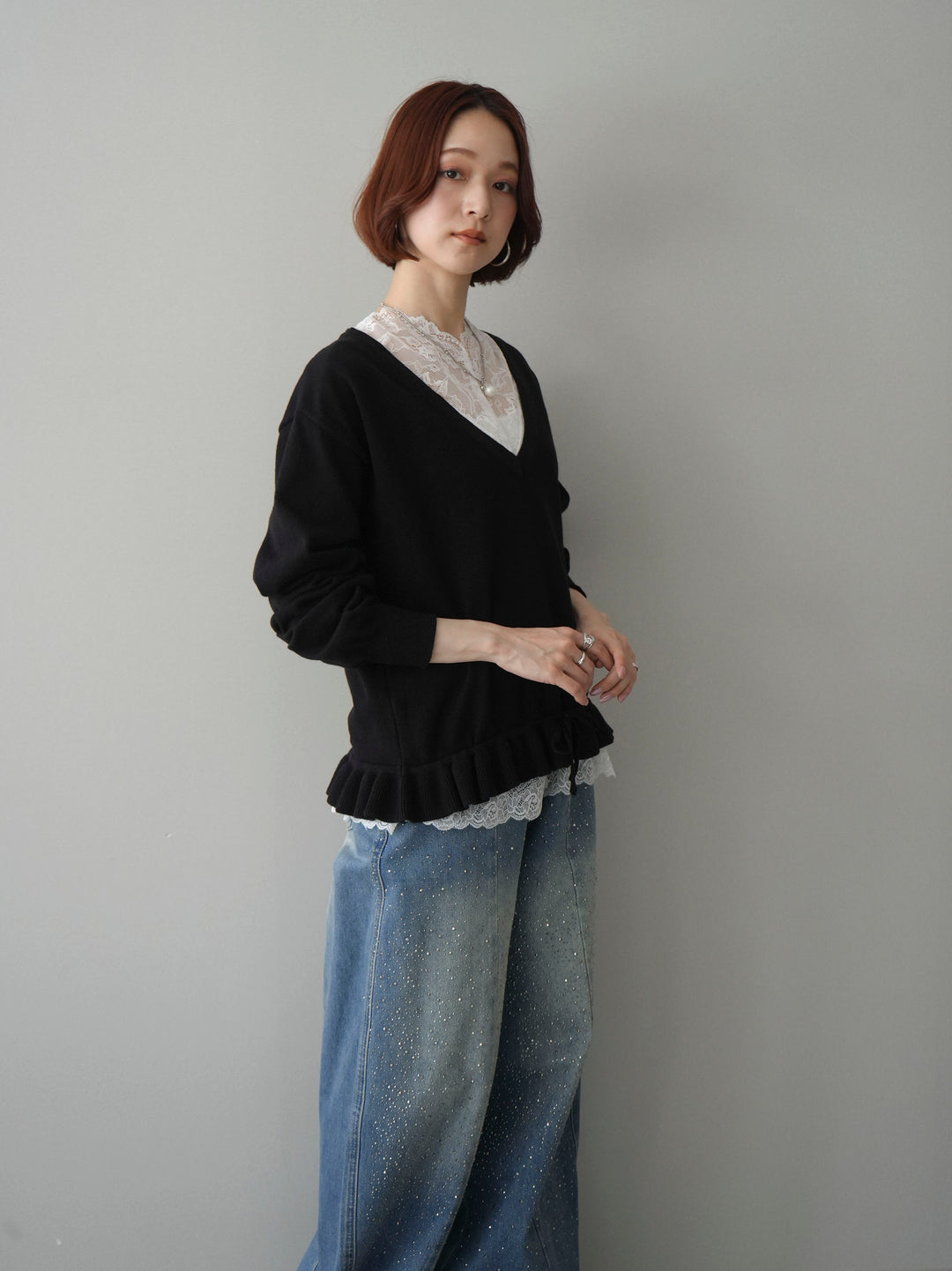 [SET]レーストップ＆フリルニットアンサンブル+フロントビジューカーブデニムパンツ(2set)