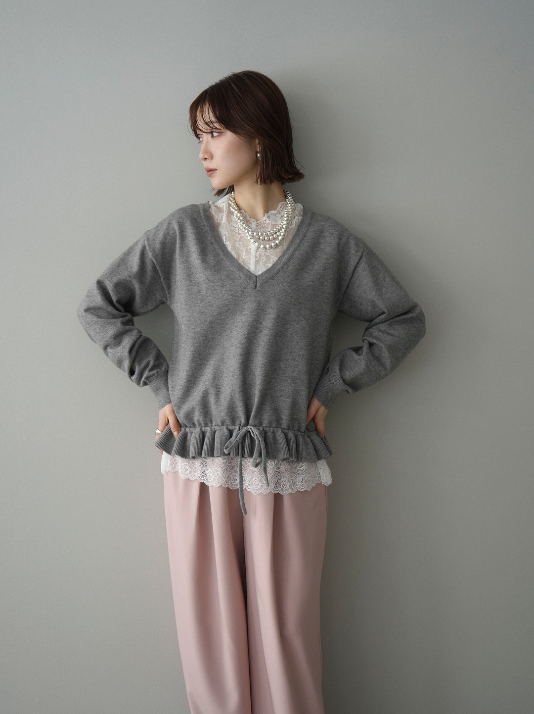 [予約]レーストップ＆フリルニットアンサンブル/gray