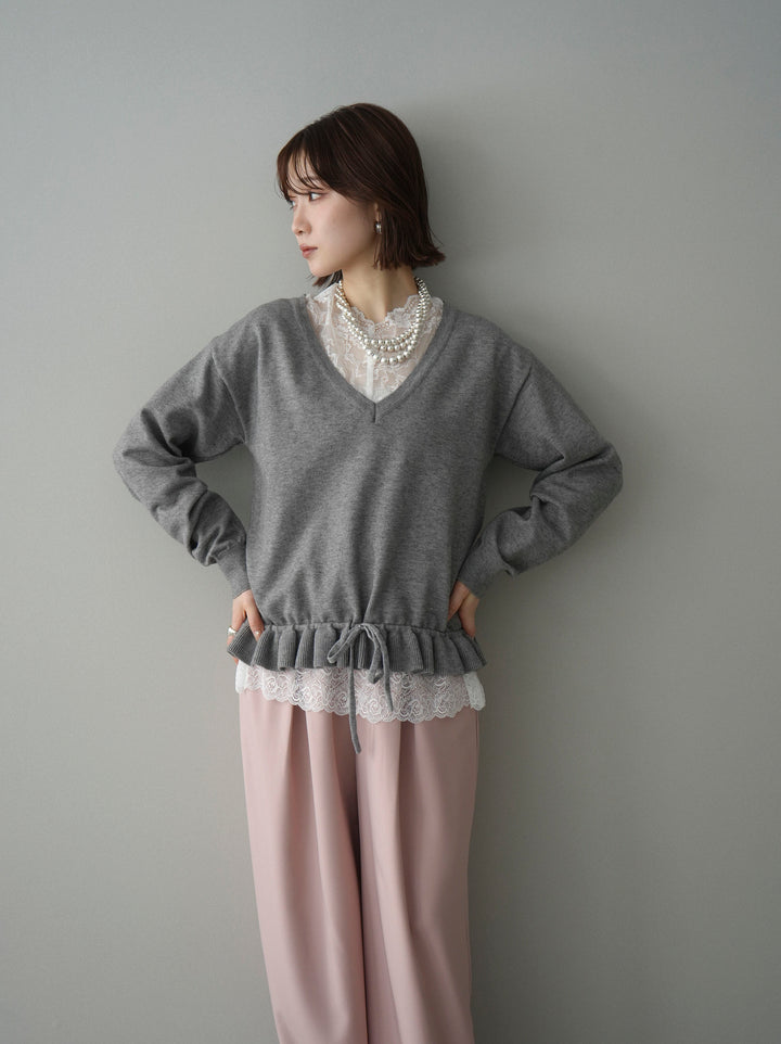 [予約]レーストップ＆フリルニットアンサンブル/gray