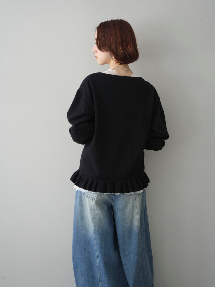 [SET]レーストップ＆フリルニットアンサンブル+フロントビジューカーブデニムパンツ(2set)