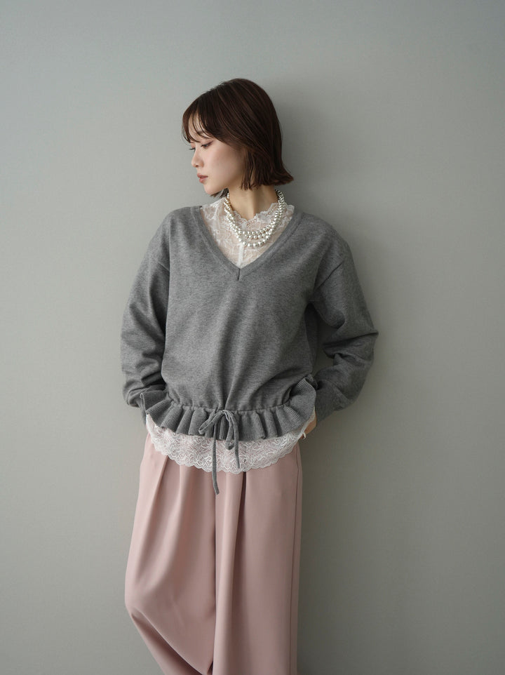 [予約]レーストップ＆フリルニットアンサンブル/gray