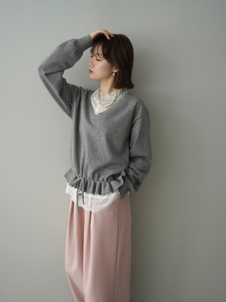[予約]レーストップ＆フリルニットアンサンブル/gray