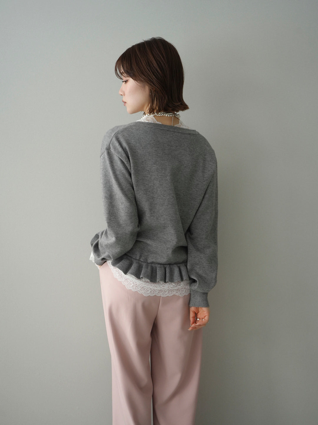 [予約]レーストップ＆フリルニットアンサンブル/gray
