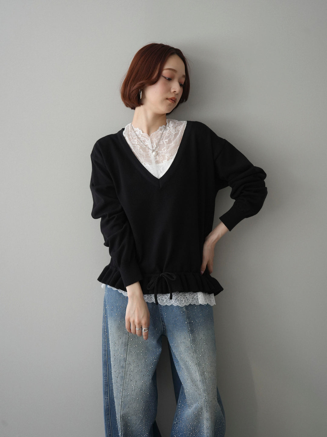 [SET]レーストップ＆フリルニットアンサンブル+選べるアクセセット(2set)